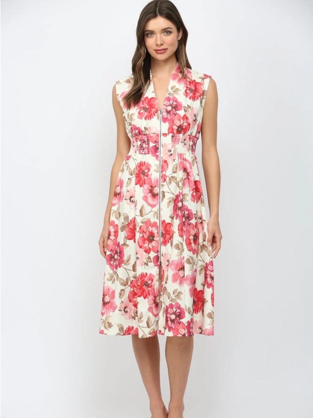 Fate Cream Midi Dress with Pink Floral Print